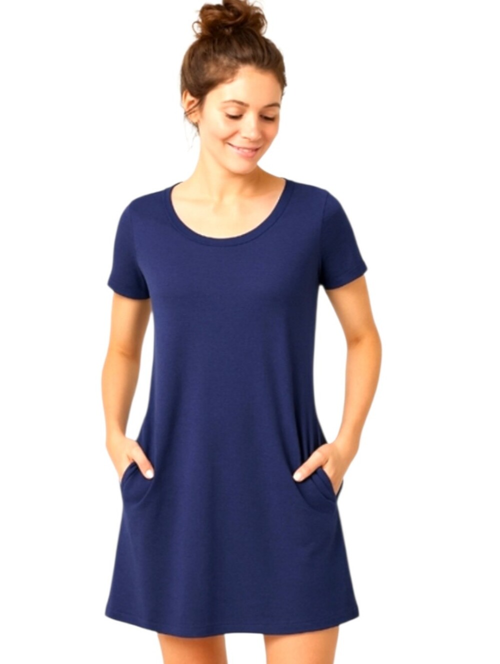 ISAAC MIZRAHI Women's Navy Blue Cotton Knit T-Shirt Dress Short Slvs Pockets SM